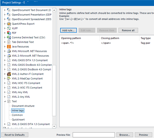 Trados Studio Project Settings window showing file types with a focus on TXT file type and inline tags settings. No visible errors or warnings.