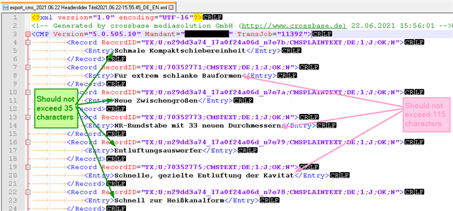 Screenshot of an XML file in Trados Studio with highlighted Entry subelements. Two entries are marked with annotations indicating character length restrictions, one should not exceed 35 characters and the other should not exceed 115 characters.