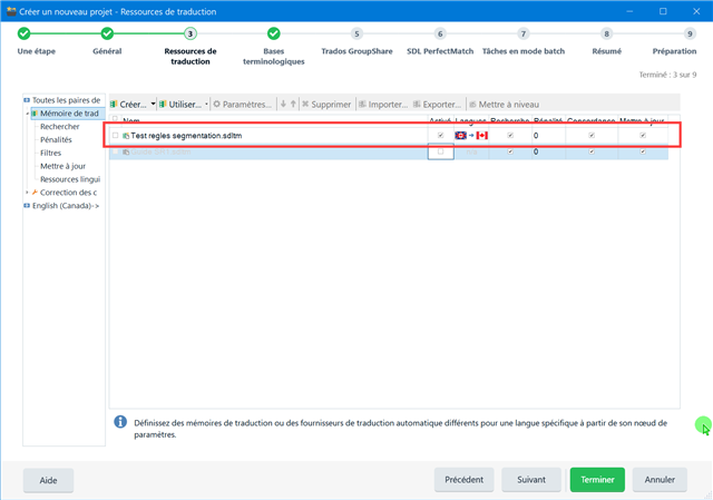 Trados Studio screenshot of 'Create a new project - Translation resources' tab with a red error icon next to 'Test rules segmentation.sdltm' file.