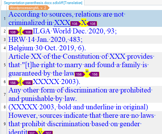 Screenshot of a Trados Studio document with highlighted text indicating segmentation errors, such as missing breaks for parenthesis.