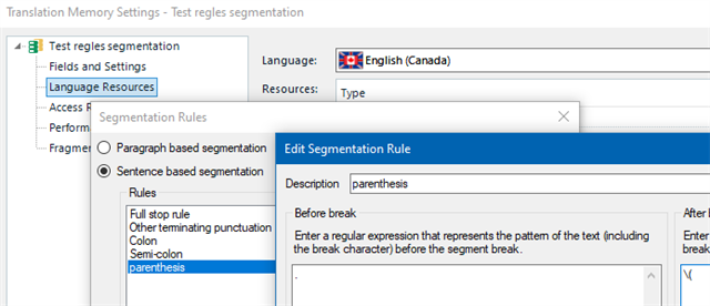 Screenshot of Trados Studio's Translation Memory Settings window with a focus on Edit Segmentation Rule dialog box for parenthesis.