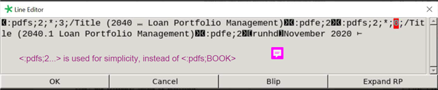 Screenshot of a Line Editor window with a PDF bookmark tag for '2040 - Loan Portfolio Management' and a note explaining a simplified tag syntax.