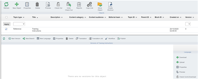 Screenshot of Trados Studio interface with a message 'There are no versions for this object' indicating an issue with the reference topic 'Training Instructions'.