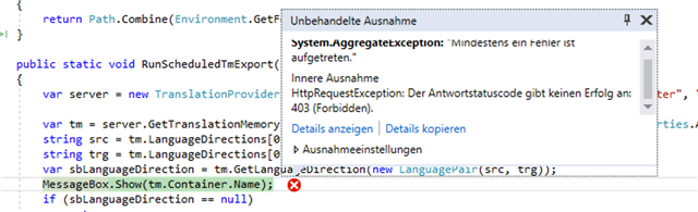 Screenshot of Trados Studio code with an error message dialog box. The error is 'System.AggregateException: Mindestens ein Fehler ist aufgetreten.' followed by 'HttpRequestException: Der Antwortstatuscode gibt keinen Erfolg an: 403 (Forbidden).'