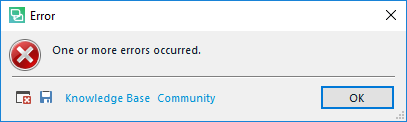 Error dialog box in Trados Studio with a red cross symbol and the message 'One or more errors occurred.' with options for Knowledge Base and Community.