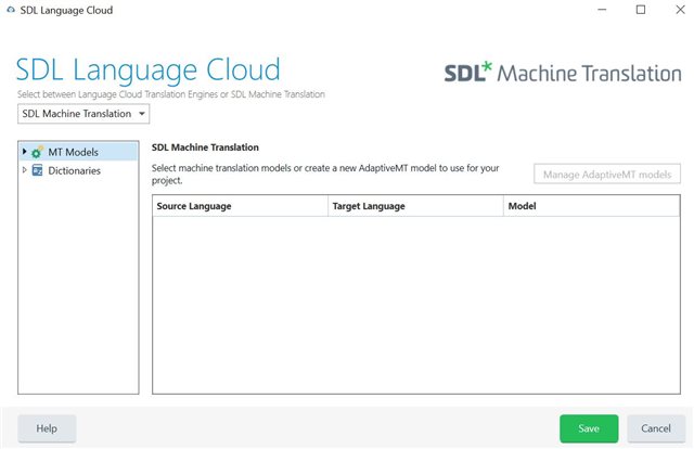 SDL Language Cloud window showing SDL Machine Translation with options for MT Models and Dictionaries. No error messages displayed.