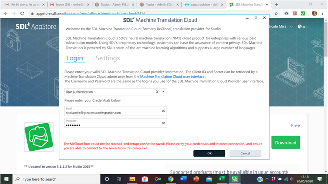 Screenshot of SDL Machine Translation Cloud login page with an error message stating 'The MTCloud host could not be reached and status cannot be saved. Please verify your credentials and internet connection, and ensure you are able to connect to the server from this computer.'