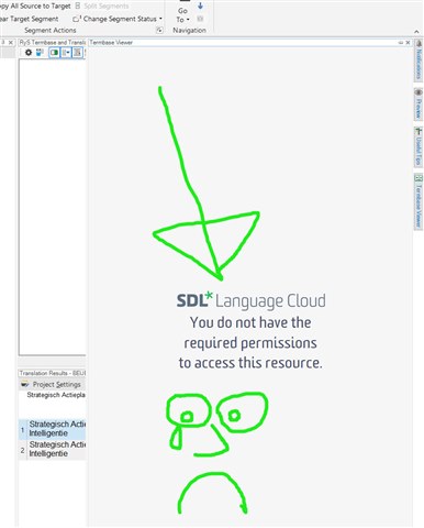 Screenshot of Trados Studio 2019 showing an error message in the Termbase Viewer stating 'SDL Language Cloud - You do not have the required permissions to access this resource.'