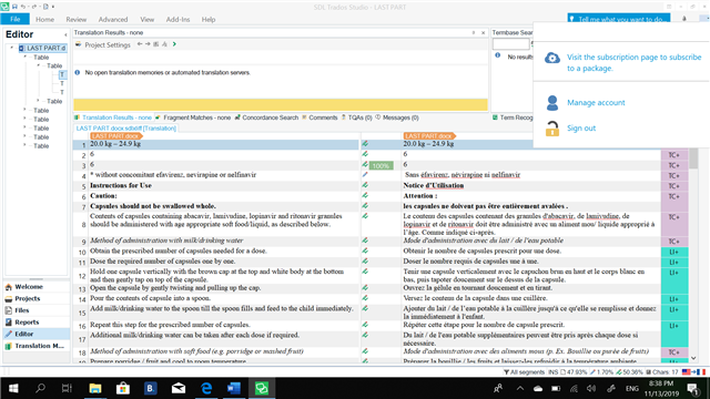 Trados Studio screenshot showing the Editor view with a message box indicating 'No open translation memories or automated translation servers.' User's name not visible.