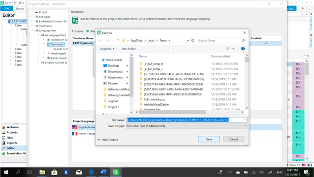 Trados Studio screenshot of Project Settings dialog box with 'Save As' prompt, displaying file directories and a file name field.