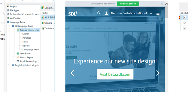 Screenshot of Trados Studio with an overlay advertisement for the new beta site, prompting to visit beta.sdl.com.