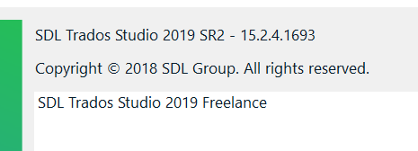 Screenshot showing SDL Trados Studio 2019 SR2 version 15.2.4.1693 with copyright notice for 2018 SDL Group. No update notifications are visible.