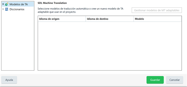 SDL Machine Translation settings window with empty fields for source language, target language, and model, and buttons for saving or canceling changes.