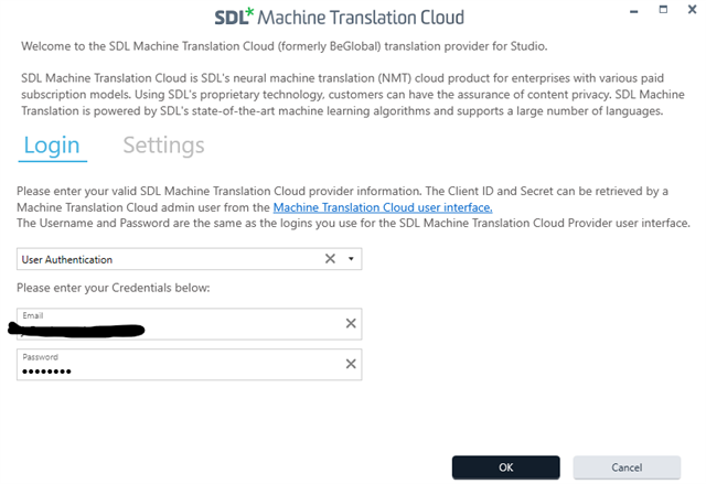 SDL Machine Translation Cloud login screen with fields for email and password, and a message prompting to enter valid SDL Machine Translation Cloud provider information.