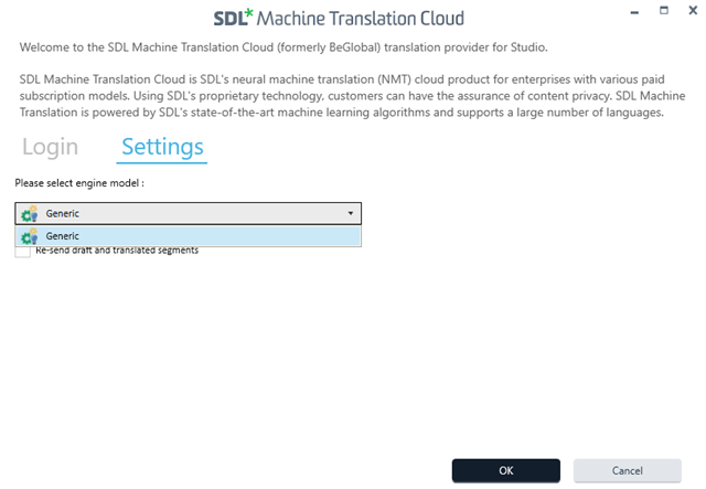 SDL Machine Translation Cloud settings screen showing a dropdown menu with 'Generic' as the only option and a checkbox for 'Re-send draft and translated segments'.