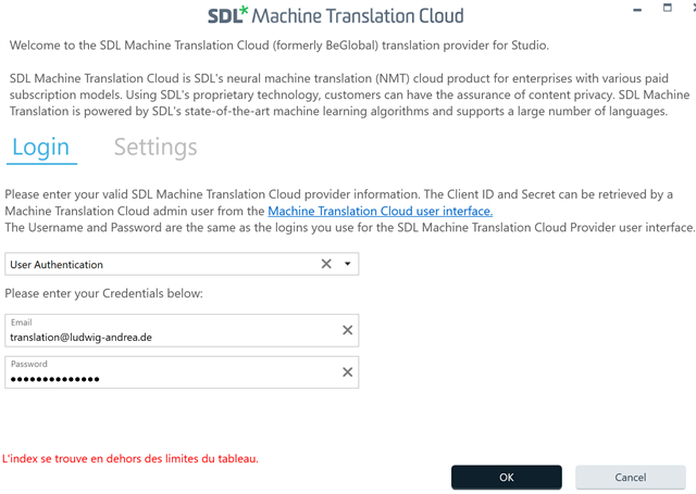 SDL Machine Translation Cloud login screen with an error message in French at the bottom reading 'L'index se trouve en dehors des limites du tableau.' which translates to 'The index is outside the limits of the table.'