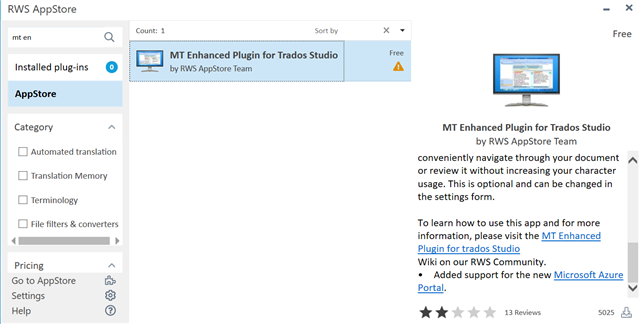 Screenshot of RWS AppStore showing MT Enhanced Plugin for Trados Studio with a warning icon indicating incompatibility with the latest version.