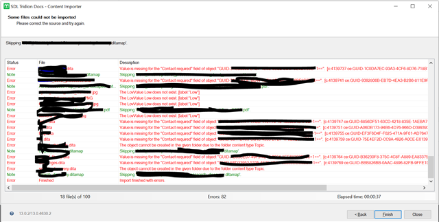 Trados Studio Content Importer error log showing multiple 'Value is missing for the 'Contact' required field' errors and 'The topic cannot be created in topic folder' errors.