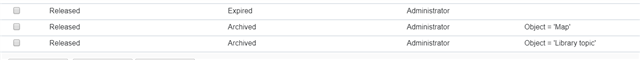 Screenshot of Trados Studio showing a table with status transitions. First row: Released to Expired by Administrator. Second row: Released to Archived by Administrator for Map objects. Third row: Released to Archived by Administrator for Library topic objects.