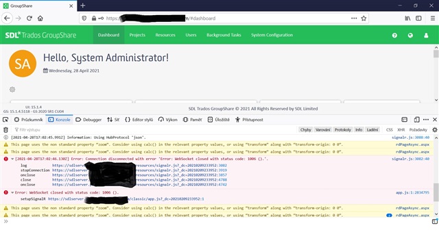 Screenshot of Trados GroupShare dashboard with a 'Hello, System Administrator!' greeting. The MS Edge console displays errors such as 'New connection disconnected with error' and 'WebSocket closed with status code 1006'.