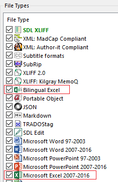 Trados Studio File Types list showing Bilingual Excel set before the second Excel filetype, which could cause issues with text not being hidden.