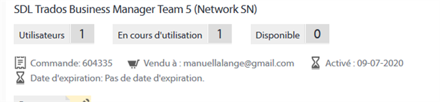 SDL Trados Business Manager Team 5 license details showing 1 user, 1 in use, 0 available, order number 604335, sold to manuellalange@gmail.com, activated on 09-07-2020, no expiration date.