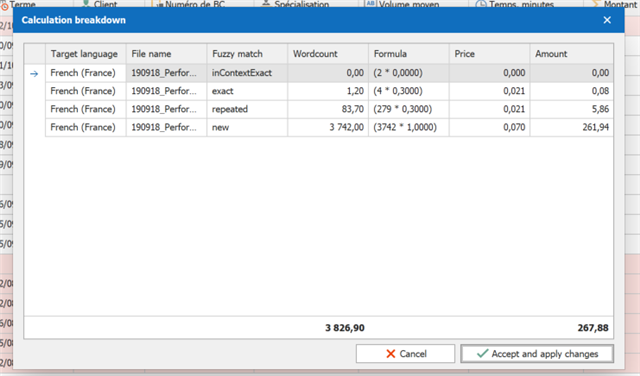 Trados Studio calculation breakdown window with rows for different match types such as inContextExact, exact, repeated, and new, with a red cancel button and blue accept and apply changes button.