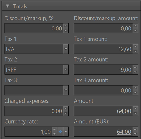 Screenshot of Trados Studio Totals section showing a miscalculated final amount. Tax 1 (IVA) is 12,60, Tax 2 (IRPF) is -9,00, but the final Amount is incorrectly shown as 64,00 instead of 63,40.