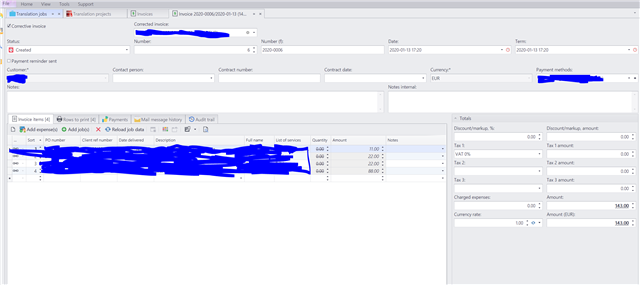 Screenshot of Trados Studio corrective invoice interface with no visible 'Partial factor' column. Invoice items listed with description, quantity, and amount blurred out.