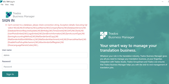 Trados Business Manager login screen with an error message about a failed database connection and exception details listed.