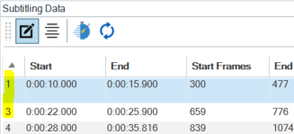 Screenshot of Trados Studio's Subtitling Data panel showing missing line 2 between lines 1 and 3.