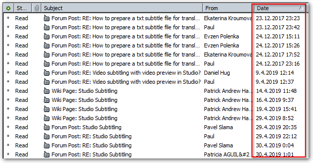 Screenshot of Trados Studio RSS feed sorted by date, showing messages with 'subt' in the subject, from various users like Ekaterina Kroumova and Daniel Hug, dated from 23.12.2017 to 30.4.2019.