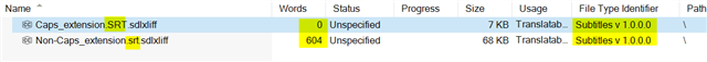 Trados Studio screenshot showing two files: 'Caps_extension_SRT.sdlxliff' with 0 words, and 'Non-Caps_extension_srt.sdlxliff' with 604 words.