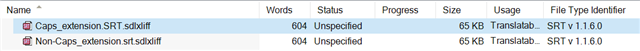 Trados Studio screenshot displaying an error with 'Caps_extension_SRT.sdlxliff' file showing 0 words, while 'Non-Caps_extension_srt.sdlxliff' is processed correctly with 604 words.