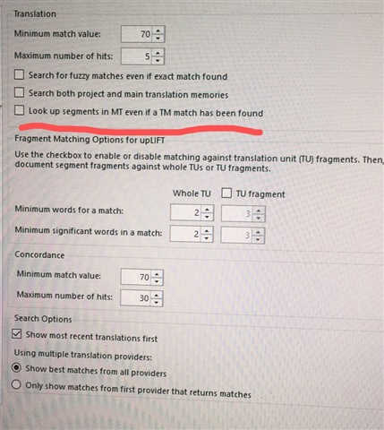 Screenshot of Studio Developers Q&A plugin settings with checkboxes for translation memory options, including 'look up segments in MT even if a TM match has been found' checked.