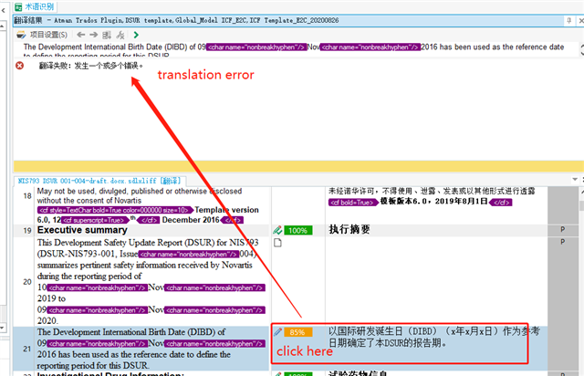 Screenshot of a translation error in Studio Developers Q&A, with a red arrow pointing to the error message and a 'click here' prompt for more information.