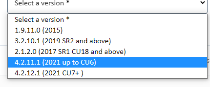 Dropdown menu for selecting a version of Trados Studio with options including 1.9.11.0 (2015), 3.2.10.1 (2019 SR2 and above), 2.1.2.0 (2017 SR1 CU18 and above), 4.2.11.1 (2021 up to CU6), and 4.2.12.1 (2021 CU7+).