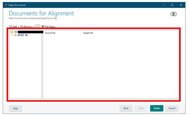 Trados Studio 2022 Align Documents window with an empty Documents for Alignment list. A red frame highlights the area where the error message 'The method or operation is not implemented' appears when clicked.