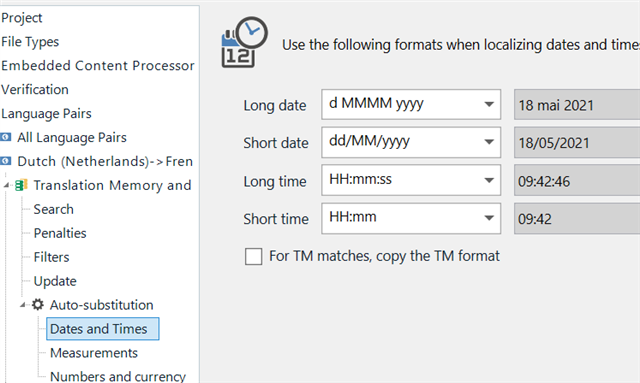 Trados Studio screenshot showing the 'Dates and Times' auto-substitution settings with formats for long date, short date, long time, and short time.