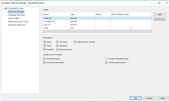 Translation memory settings window for 'TransNETM_Silver' showing fields and settings with options for recognizing dates, times, and numbers.