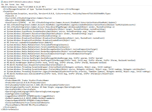 Text file showing detailed error log with exception type 'System.Exception' and stack trace information for Trados Studio.