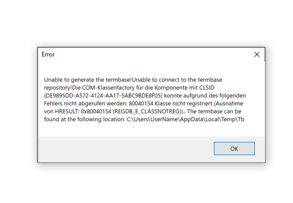 Error message in Trados Studio stating 'Unable to generate the termbase! Unable to connect to the termbase repository' with a class ID and a note that the termbase can be found at a specified local temp directory.