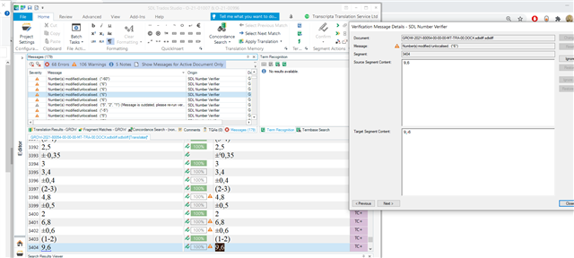 Trados Studio interface with a list of numbers showing warnings for thousands and decimal separators not being recognized.