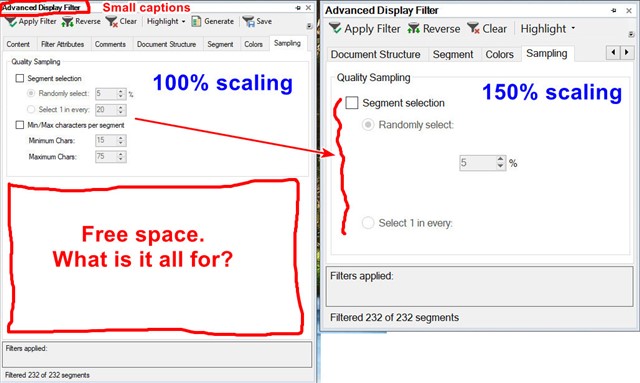 Comparison screenshot of Trados Studio's Advanced Display Filter with 100% scaling on the left showing large empty space and 150% scaling on the right with no empty space.