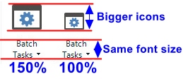 Screenshot showing Trados Studio interface with larger icons at 150% scaling and smaller icons at 100% scaling, but the font size remains the same for 'Batch Tasks'.