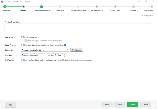 Trados Studio project settings window with options for project description, source text, and verification settings, no visible errors.