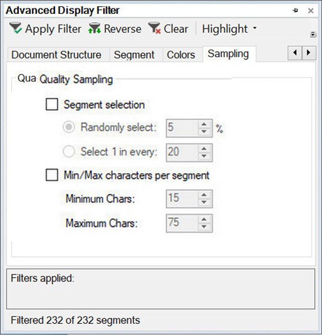 Screenshot of Trados Studio's Advanced Display Filter with 150% scaling, showing clear and readable text with no interface issues.