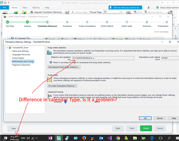 Trados Studio error message indicating a difference in calendar types, questioning if it is a problem.
