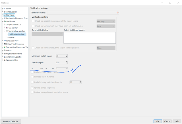 Screenshot of Trados Studio options window with a display issue where a blue squiggly line appears under the 'Minimum match value' setting.