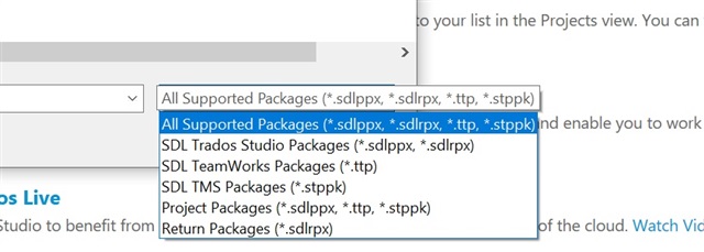 Dropdown menu in Trados Studio showing a list of supported file formats including sdlppx, sdlrpx, ttp, and stppk, but wsxz is not listed.